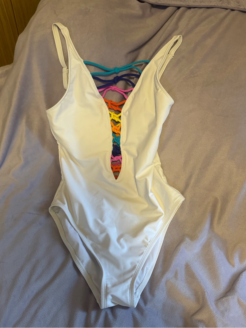 White One-Piece Swimsuit with Rainbow Lace-Up Front